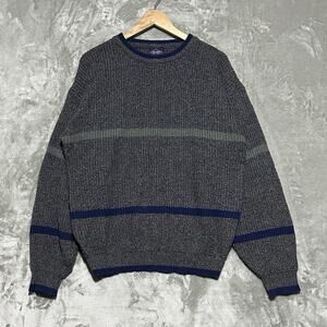 Vintage Brittania Mens Fisherman Chunky Waffle Knit Sweater Size L Gray Striped